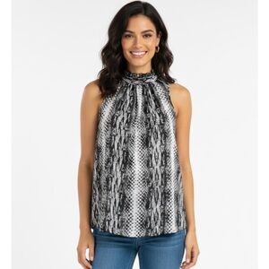 LEXINGTON AVENUE Snakeskin Print Mock Neck Top, Women’s M, Black Gray